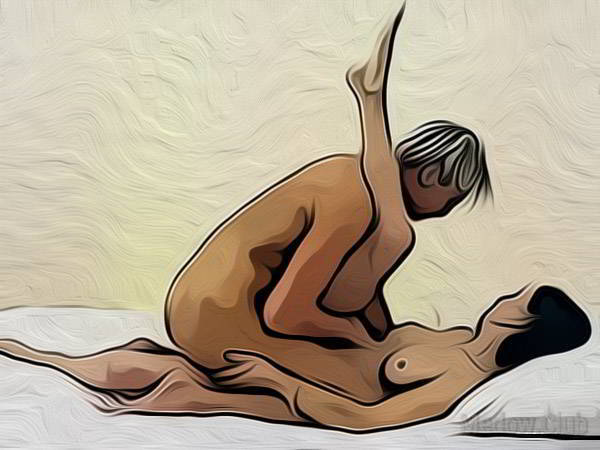 Сексуальная позиции камасутры №10 - Женщина на спине с поднятой одной ногой вверх. Мужчина садиться между ее ног лицом к партнерше. Фото