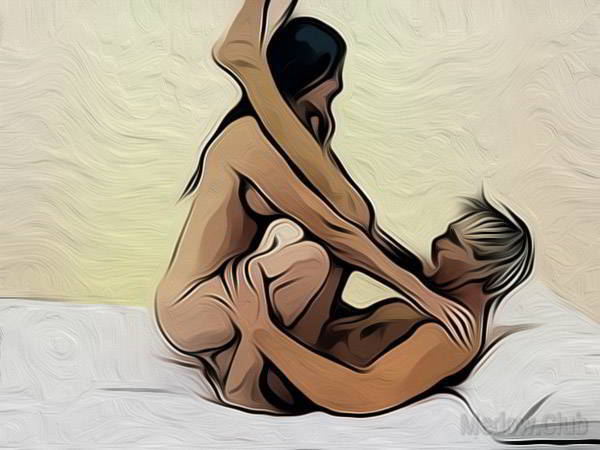 Сексуальная позиции камасутры №12 - Мужчина лежит на спине, подтянув колени к груди. Девушка садиться на его ягодицы, лицом к нему. Фото
