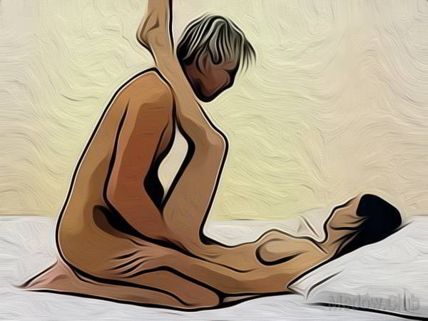 Сексуальная позиции камасутры №16 - Девушка лежит на спине положив ноги на плечи сидящему позади нее партнеру.. Фото