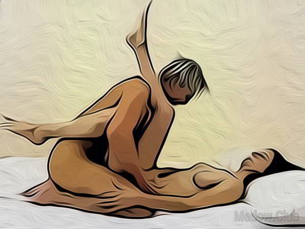 Сексуальная позиции камасутры №20 - Женщина лежит на спине, закинув одну ногу на плече партнеру, а другую продев под его рукой. Мужчина входит сзади. Фото