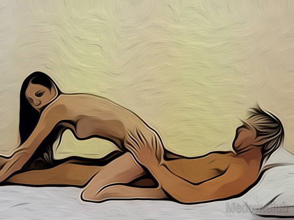 Сексуальная позиции камасутры №23 - Парень лежит на спине, девушка садиться сверху, повернувшись спиной к партнеру. Фото