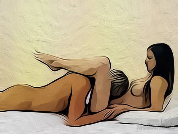 Сексуальная позиции камасутры №38 - Кунилингус. Девушка лежит на спине, развинув ноги и положив их на спину целующего ее мужчину. Фото
