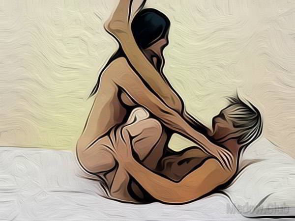 Сексуальная позиции камасутры №41 - Мужчина ложиться на спину и ложит ноги на плечи парнерши. Девушка садиться вприсяди на его ягодици, сзади.. Фото