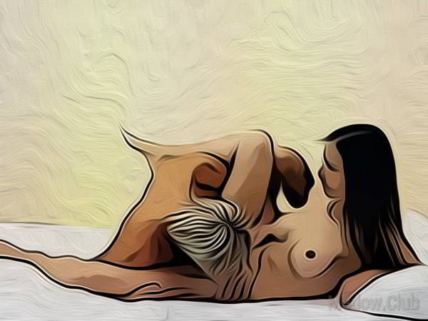 Сексуальная позиции камасутры №49 - Кунилингус. Женщина лежит на боку, подняв одну ногу вверх. Мужчина лежит позади нее и располагает свою голову между ее ног. Фото