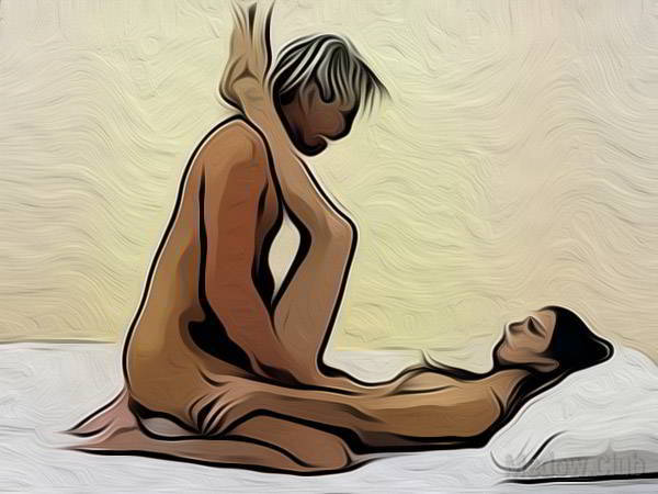 Сексуальная позиции камасутры №50 - Девушка лежит на спине, положив ноги на плечи партнеру. Мужчина входит сзади. Фото