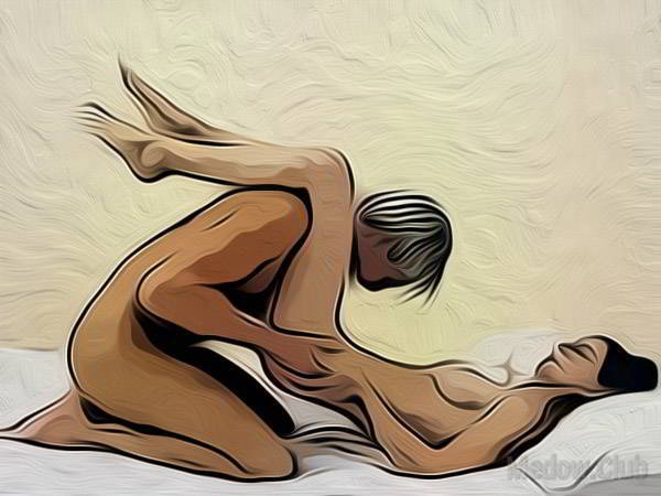 Сексуальная позиции камасутры №8 - Кунилингус. Девушка лежит на спине, мужчина приподнимает ее за ягодицы и целует между ног. Фото